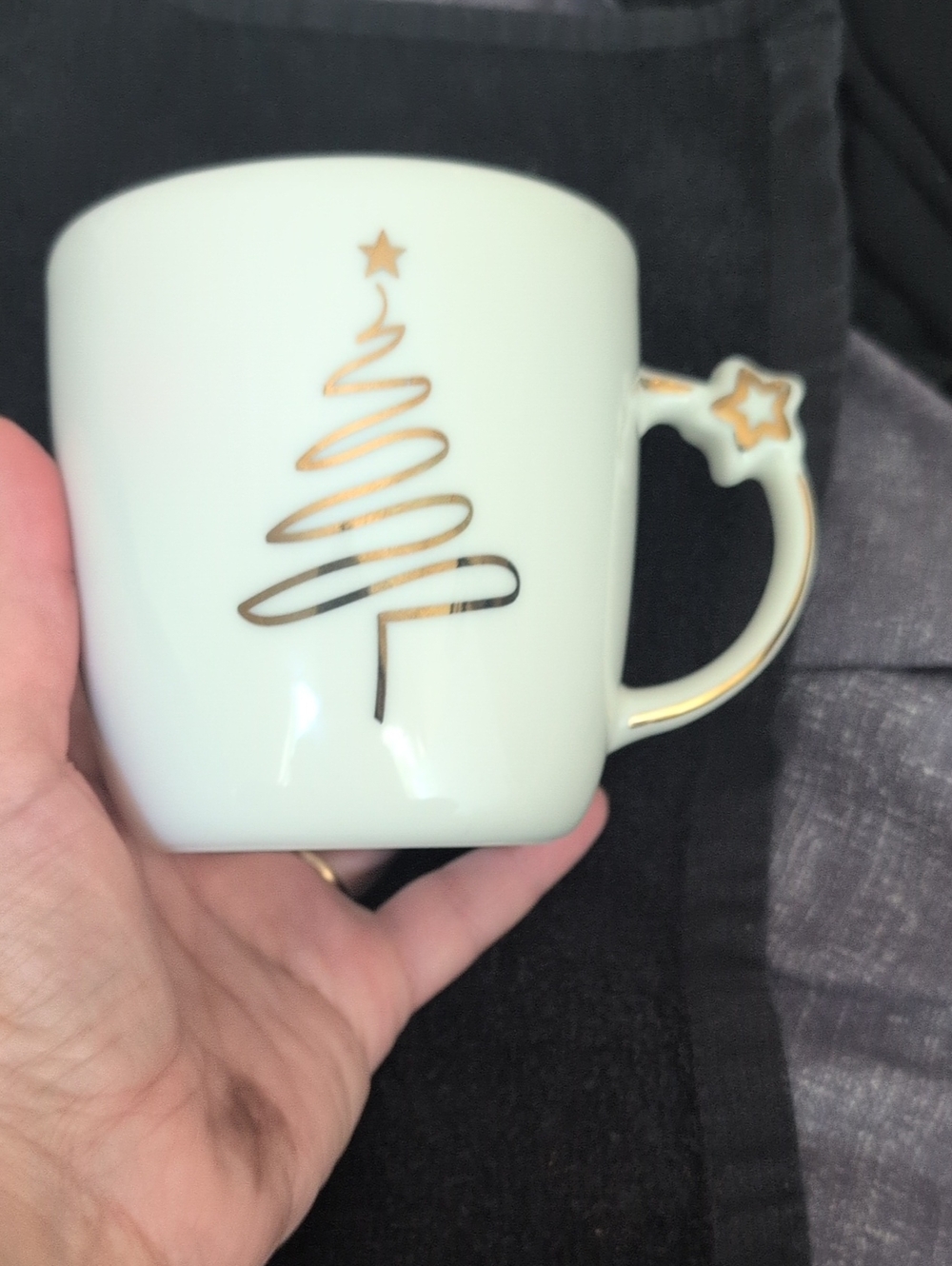 White Ceramic Holiday Mug with Gold Tree Accent
